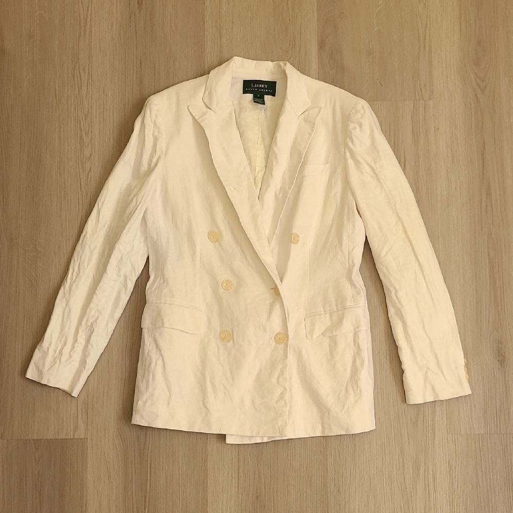 Lauren Ralph Lauren White Double Breasted Linen Blazer 6 Vintage Coastal Grandma